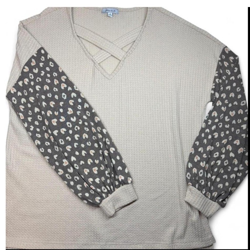 White Birch Waffle Knit Leopard Sleeve Criss Cross V Neck Top Women Medium Boho